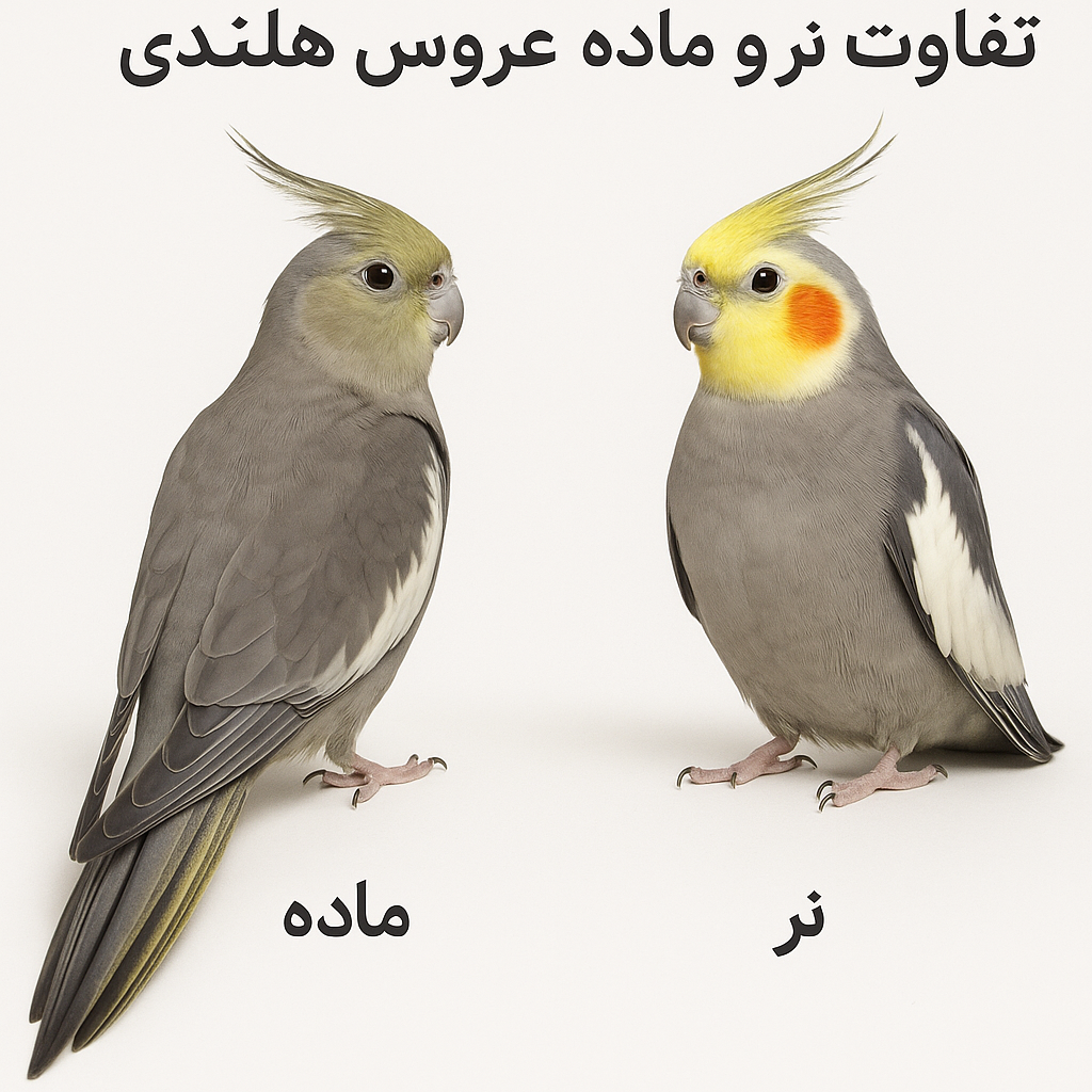 عکس تفاوت عروس هلندی نر و ماده | مشخصات Cockatiel نر (صورت زرد، گونه نارنجی پررنگ، دم تیره) و ماده (صورت تیره، خطوط زیر دم)، راهنمای پت‌شاپ پیتوپت