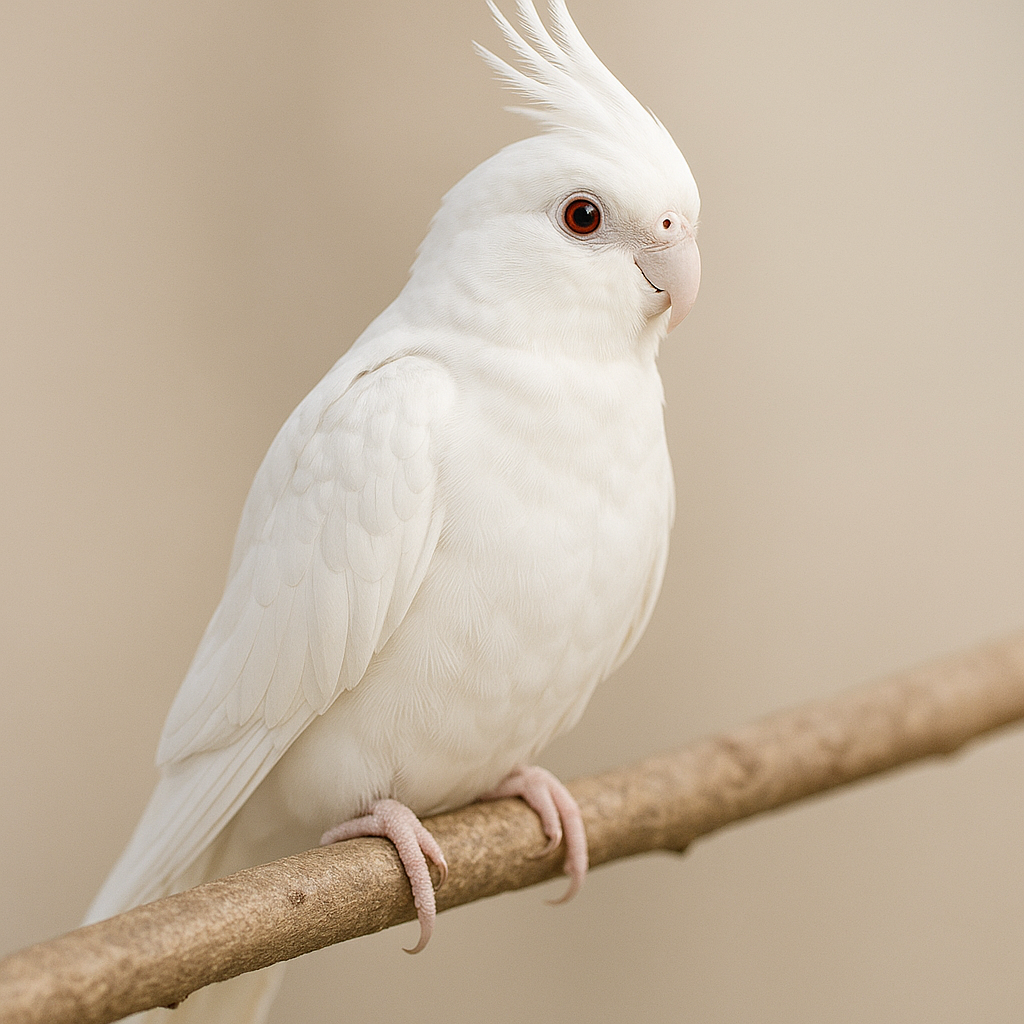 عروس هلندی آلبینو - Albino Cockatiel با چشم قرمز و پرهای کاملاً سفید؛ بدون هیچ گونه رنگدانه‌ای