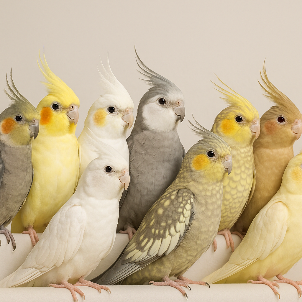 عکس تفاوت عروس هلندی نر و ماده | مشخصات Cockatiel نر (صورت زرد، گونه نارنجی پررنگ، دم تیره) و ماده (صورت تیره، خطوط زیر دم)، راهنمای پت‌شاپ پیتوپت