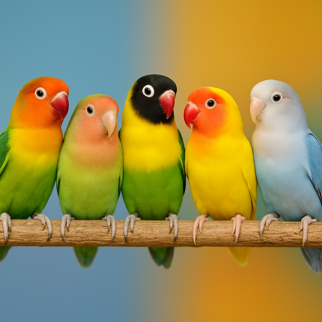 انواع طوطی برزیلی (لاوبرد)؛ نمایش رنگ‌ها و نژادهای مختلف Lovebird مانند فیشر، صورت هلویی، سبز، آبی و زرد در کنار هم