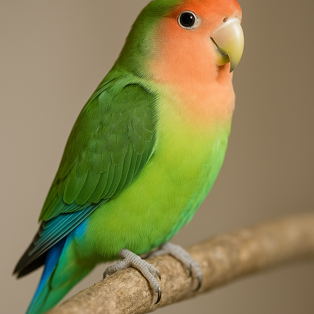 عکس طوطی برزیلی نژاد صورت هلویی (Peach-faced Lovebird) با بدن سبز، صورت نارنجی مایل به صورتی و پرهای رنگارنگ؛ یکی از محبوب‌ترین گونه‌ها برای علاقه‌مندان پرندگان زینتی