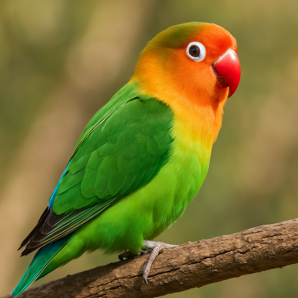 عکس طوطی برزیلی نژاد فیشر (Fischer’s Lovebird) با بدنی سبز، سر نارنجی مایل به قرمز و حلقه سفید دور چشم‌ها؛ بهترین گزینه برای معرفی گونه فیشر در وب‌سایت پیتوپت