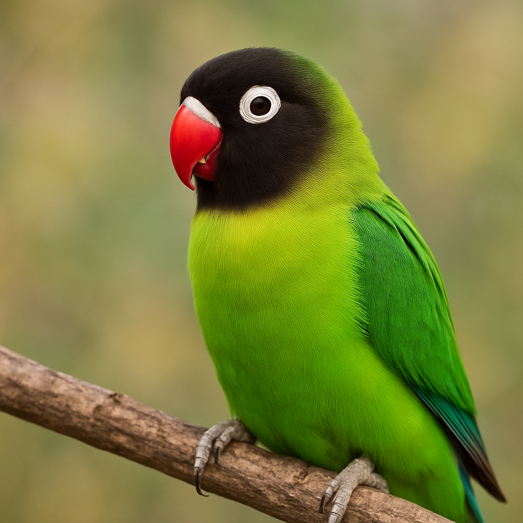 عکس واضح و حرفه‌ای از طوطی برزیلی نژاد چشم سفید سیاه‌گونه (Masked Lovebird) با سر سیاه، حلقه سفید اطراف چشم، بدن سبز روشن و نوک قرمز؛ مناسب برای معرفی گونه‌های خاص در سایت پیتوپت